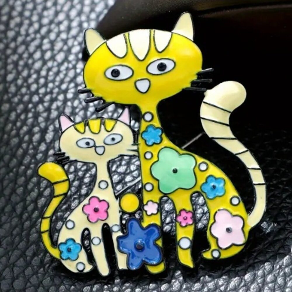 Cute Vibrant Multicolor Enamel Cat Couple Brooch - Large